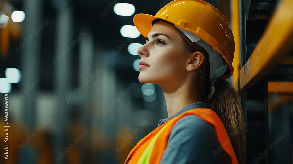 Thoughtful female construction worker in hardhat leaning against shelves Thoughtful female construction worker in hardhat leaning against shelves