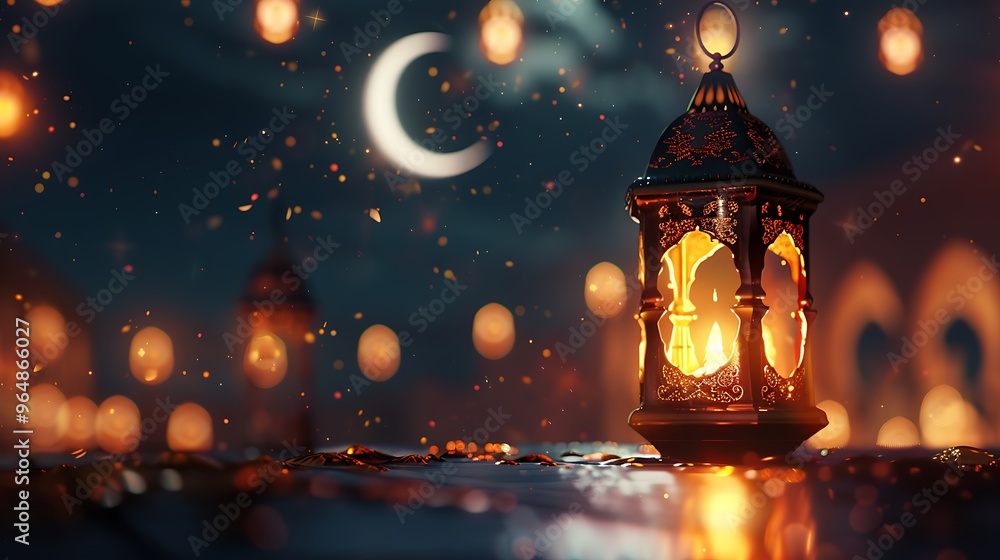 Glowing Lantern with Crescent Moon and Lights Glowing Lantern with Crescent Moon and Lights