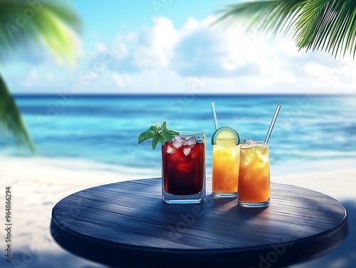 Refreshing tropical cocktails on a table with beach view