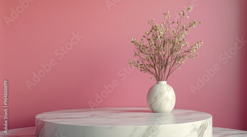 Simple decorative vase with dried flowers on a marble table against a pink wa...