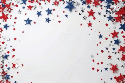 Colorful stars in red, white, and blue scatter across a plain white background
