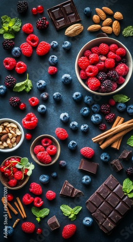 A colorful array of fresh berries, nuts, and chocolate arranged artistically ...