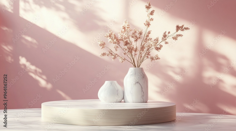 Simple decorative vase with dried flowers on a marble table against a pink wall backdrop Simple decorative vase with dried flowers on a marble table against a pink wall backdrop