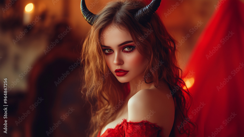 Naklejka premium Mysterious Demon Woman with Black Horns and Red Wings in Gothic Style