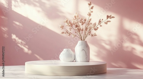 Simple decorative vase with dried flowers on a marble table against a pink wa...