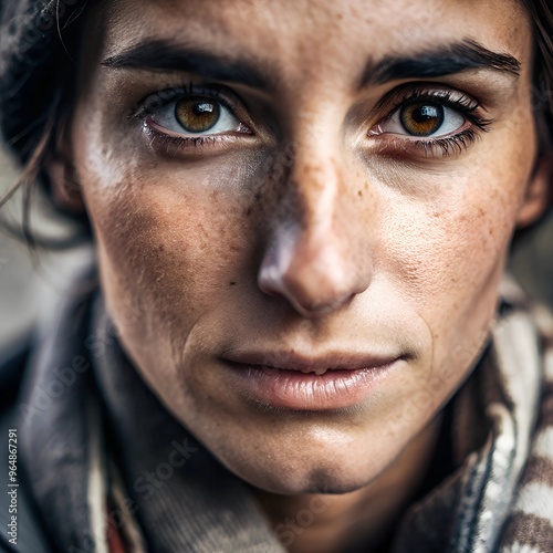 Woman, reckled face,, natural beauty, portrait photography, unique eyes, skin closeup, self-confidence, freckles, realistic details, beauty diversity, striking gaze, high-resolution portrait,  photo