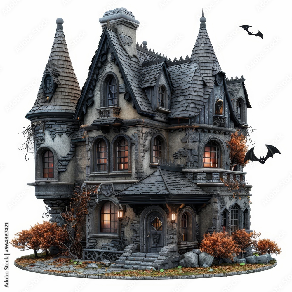 An eerie, old mansion with intricate architecture, adorned with bats and autumn foliage, perfect for Halloween-themed projects. An eerie, old mansion with intricate architecture, adorned with bats and autumn foliage, perfect for Halloween-themed projects.
