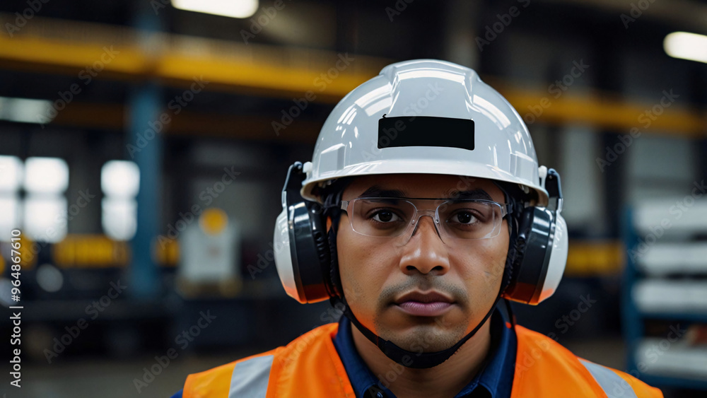 A worker employee man industry factory wear helmet and headphone A worker employee man industry factory wear helmet and headphone