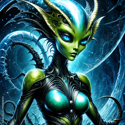 Get ready to be mesmerized by the breathtaking beauty of this incredible masterpiece featuring a colorful alien with rich detail and complex background. photo