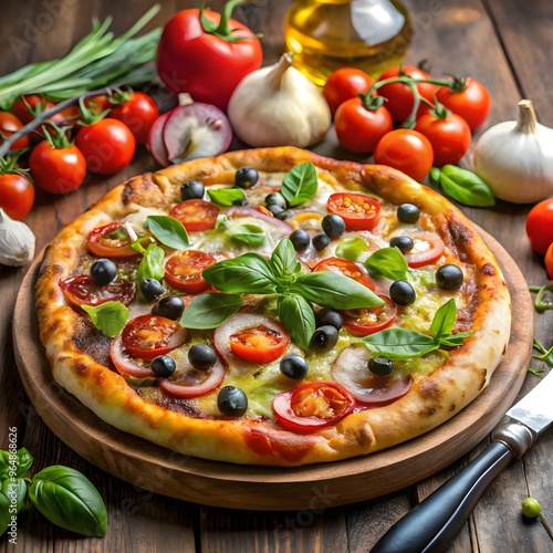 Delicious Wood-Fired Pizza with Fresh Ingredients Including Tomatoes, Mozzarella, Basil, and Vegetables, Presented in a Rustic, Outdoor Dining Setting with a Cozy Ambiance