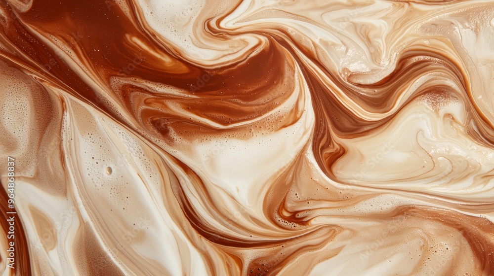 Creamy milk and liquid chocolate swirl together in a mesmerizing pattern, perfect for food and beverage designs Creamy milk and liquid chocolate swirl together in a mesmerizing pattern, perfect for food and beverage designs