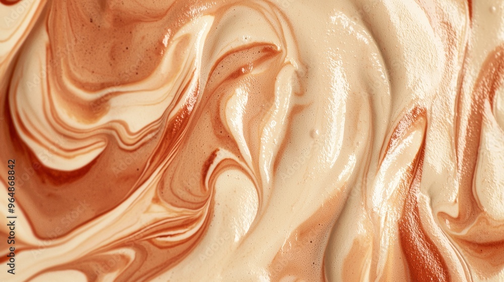 Creamy chocolate and milk mixture blending together creating a marbled effect. This delicious swirl is perfect for dessert, baking, and confectionery concepts Creamy chocolate and milk mixture blending together creating a marbled effect. This delicious swirl is perfect for dessert, baking, and confectionery concepts