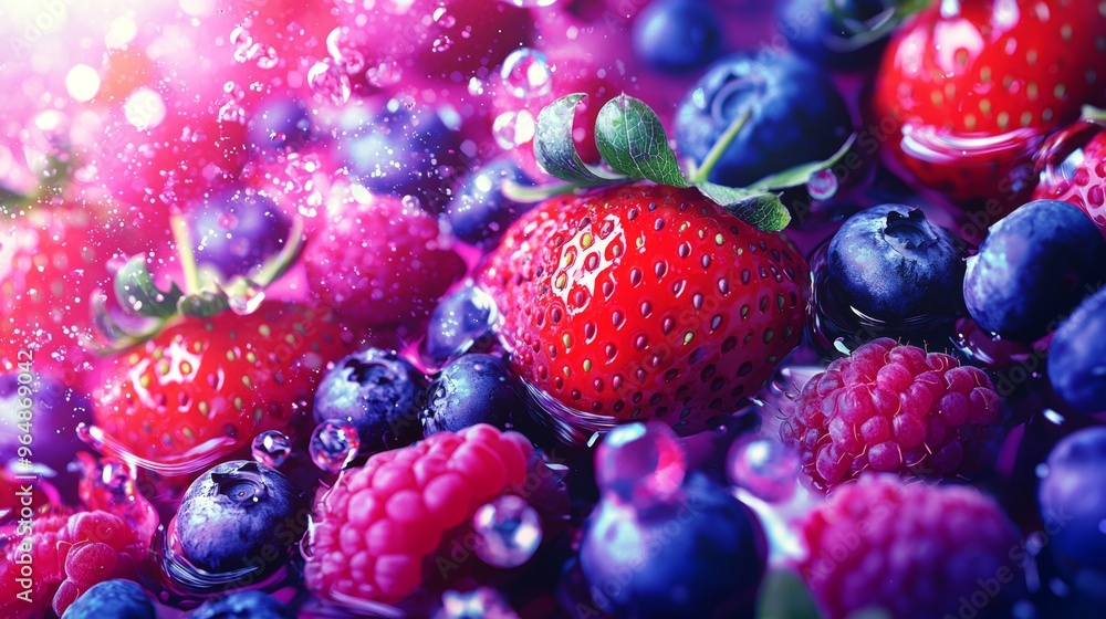 Fresh berries splash in water, vibrant colors and textures evoke summer indulgence Fresh berries splash in water, vibrant colors and textures evoke summer indulgence