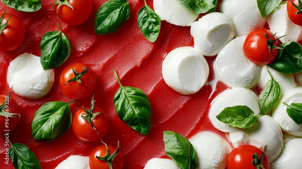 Fresh cherry tomatoes, mozzarella cheese and basil leaves are lying on tomato sauce, forming a colorful food background Fresh cherry tomatoes, mozzarella cheese and basil leaves are lying on tomato sauce, forming a colorful food background