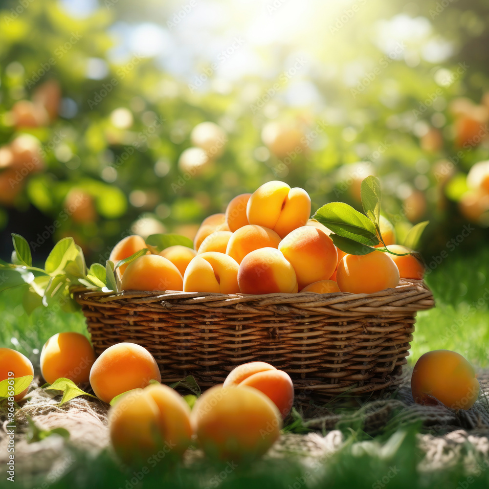 Yellow apricots in wicker basket on green blurred background, place for text, close up Yellow apricots in wicker basket on green blurred background, place for text, close up