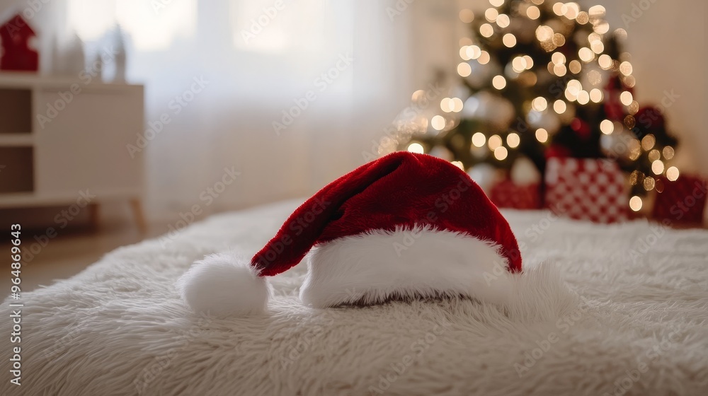 Fototapeta premium Santa hat in cozy interior. Christmas background