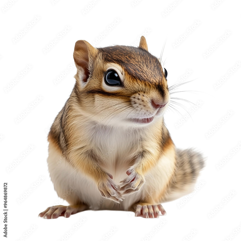 Fototapeta premium A tiny chipmunk with striped fur and large bright eyes, sitting alert with tiny paws, displaying its natural beauty and curiosity in a detailed close-up.