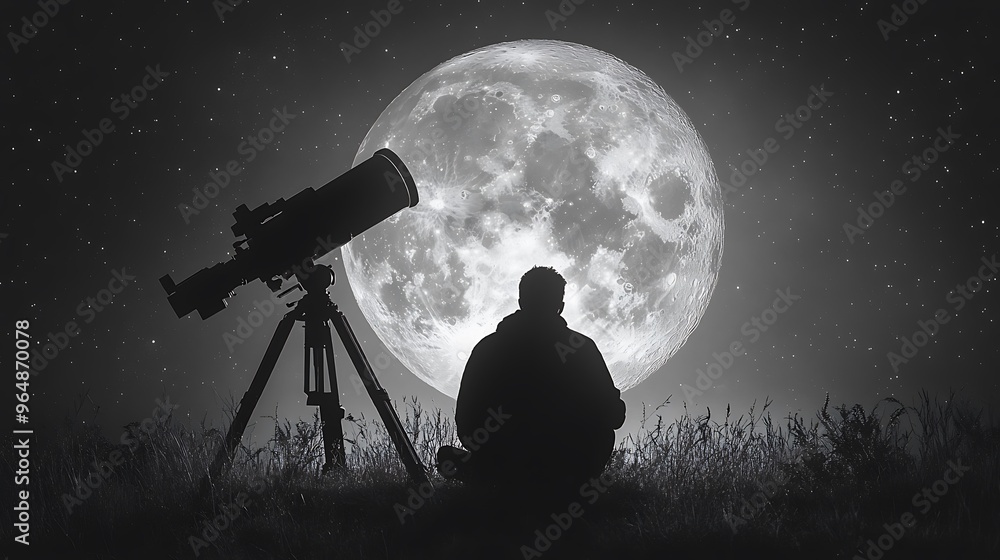 A lone figure sits beneath a full moon, gazing at the night sky with a telescope at their side. A lone figure sits beneath a full moon, gazing at the night sky with a telescope at their side.