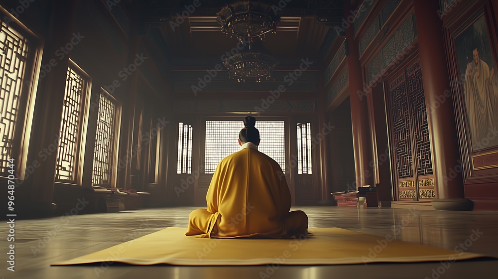 Monk in yellow robes meditating in a traditional temple Monk in yellow robes meditating in a traditional temple