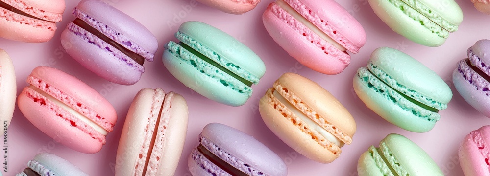 Selection of delicious and colorful french macarons is lying on a pink background, creating a cheerful and inviting atmosphere Selection of delicious and colorful french macarons is lying on a pink background, creating a cheerful and inviting atmosphere