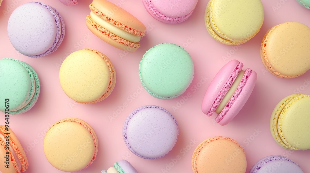 Obraz premium Tempting arrangement of colorful macarons neatly organized on a vibrant pink background, creating an eye-catching display of sweet indulgence