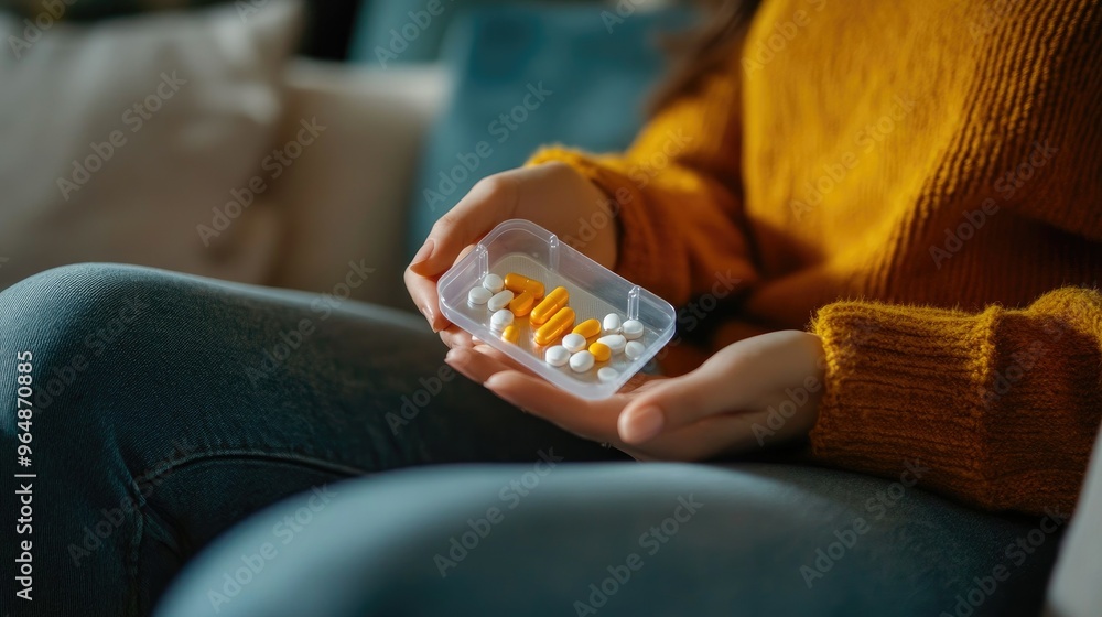 Close up of woman's hand showing a few pills, emphasizing the importance of medication in her daily routine. Close up of woman's hand showing a few pills, emphasizing the importance of medication in her daily routine.