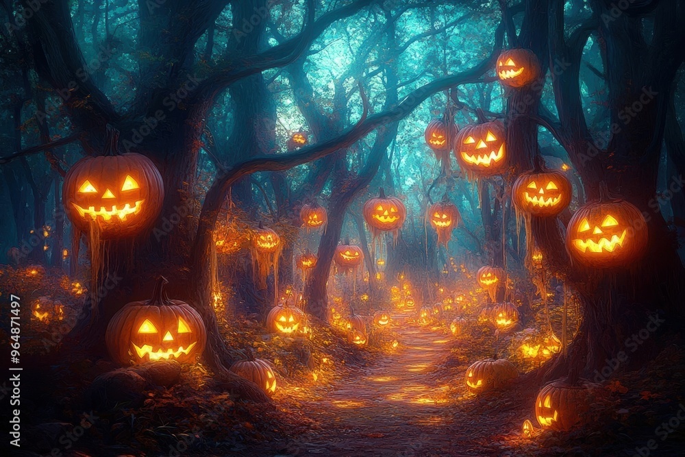 Obraz premium glowing pumpkin heads in dark halloween magic forest, neural network