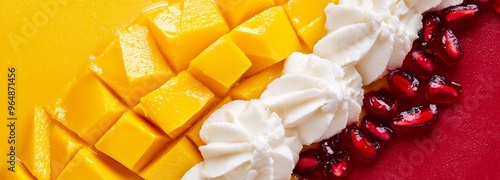 Delicious mango slices arranged on bright background with whipped cream and pomegranate seeds, creating appetizing culinary composition photo