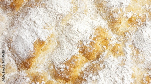 Close-up of freshly baked bread with crust and flour, creating a contrast. Golden-brown and white colors