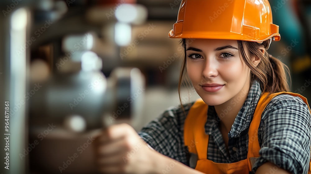 Female construction worker wearing safety helmet in an industrial setting Female construction worker wearing safety helmet in an industrial setting