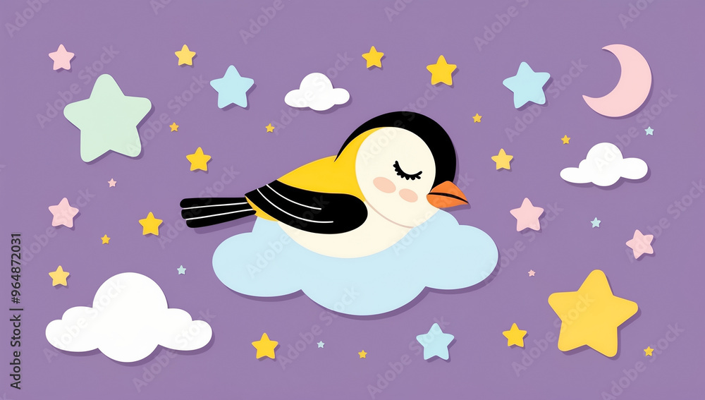 Obraz premium Little cartoon bird sleeping on a cloud, flat design illustration