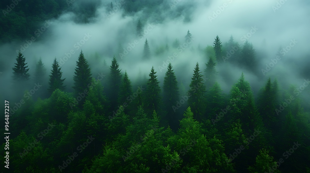 An aerial view of a dense evergreen forest shrouded in mist. An aerial view of a dense evergreen forest shrouded in mist.
