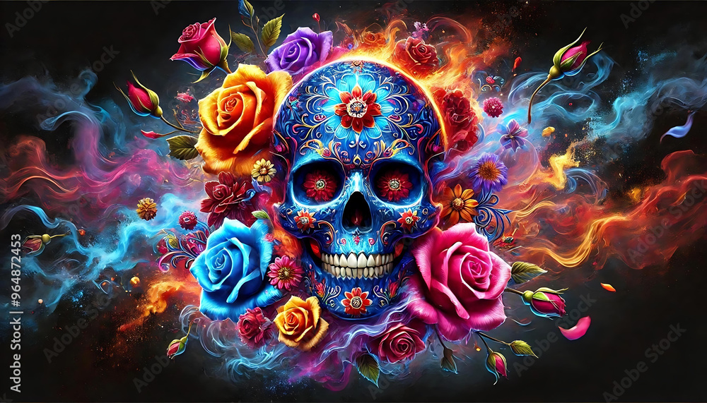 Colorful Sugar Skull with Roses Celebrating Día de los Muertos Traditions, generative ai Colorful Sugar Skull with Roses Celebrating Día de los Muertos Traditions, generative ai