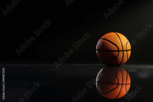 single basketball sits on a reflective surface, illuminated by dramatic lighting in a dark setting, highlighting its texture