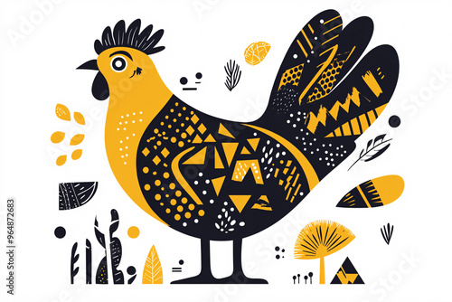 modern abstract illustration of a chicken, filled with geometric patterns in black, yellow, and white against a white background