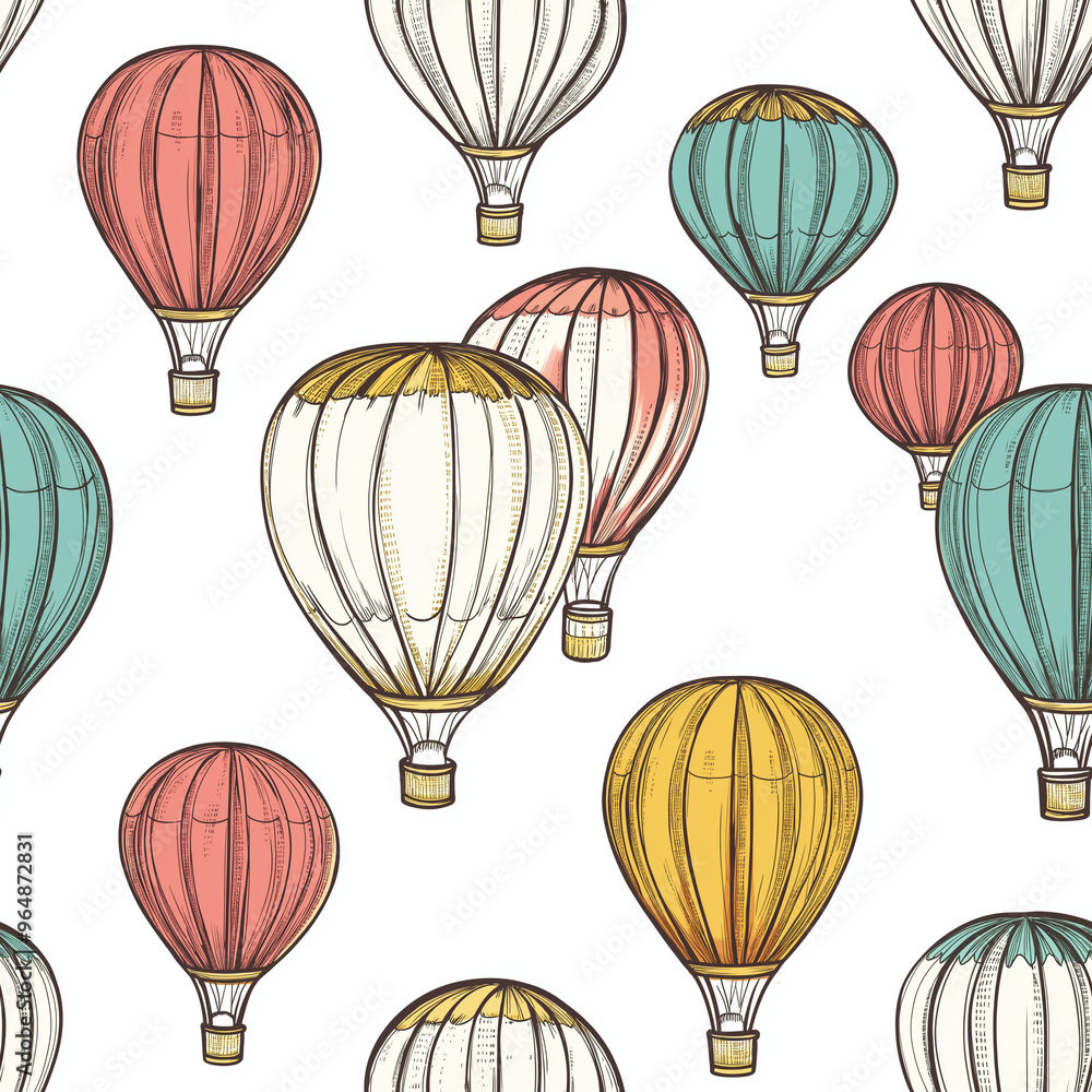 Obraz premium Line art, sketch doodle seamless pattern of hot air balloons
