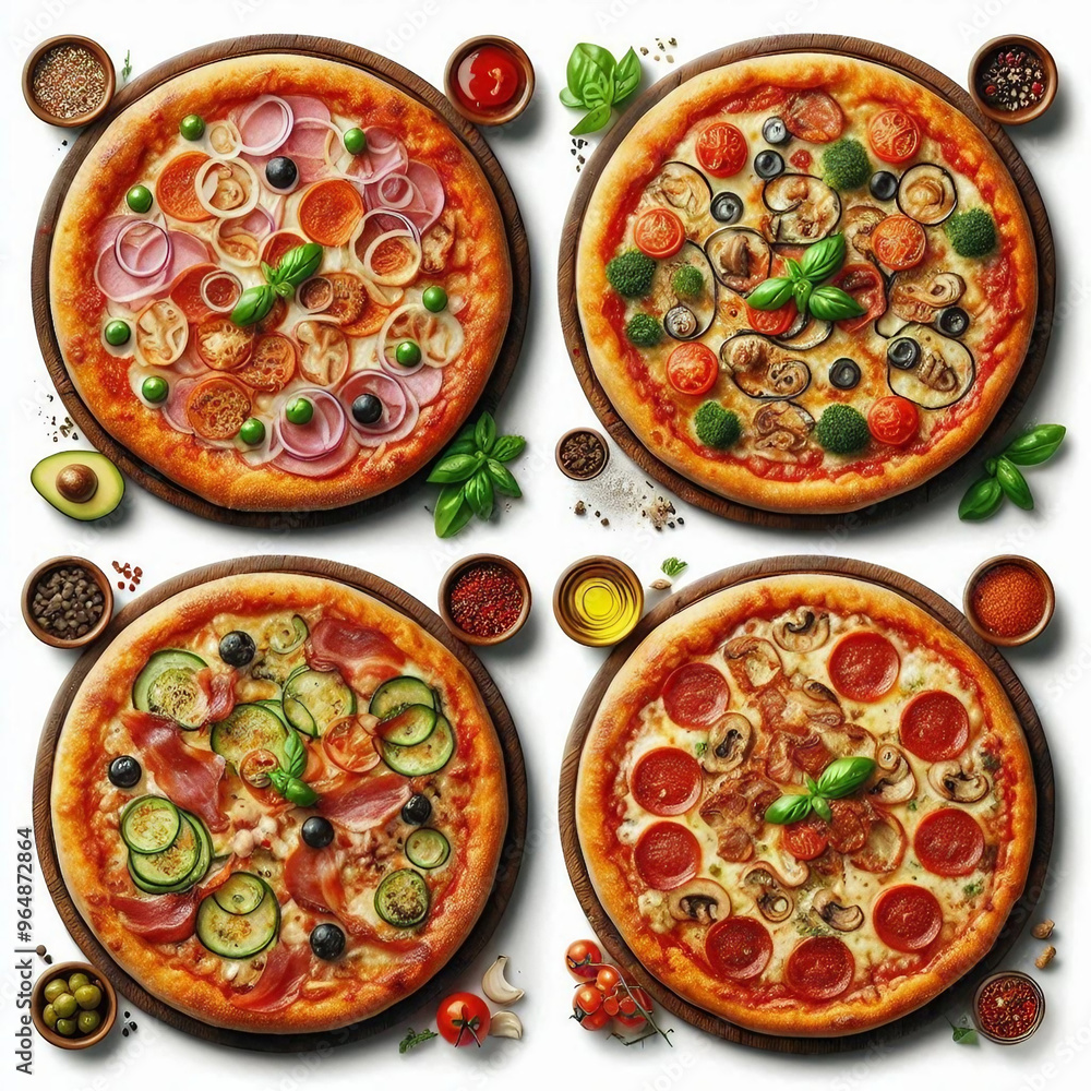 set of pizza of different flavors isolated on a white background set of pizza of different flavors isolated on a white background