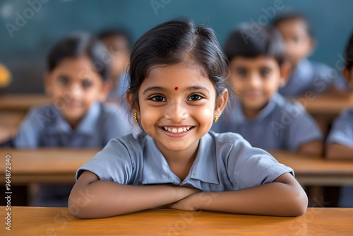 Portrait of Indian school girl in classroom, rural village with availability of education
