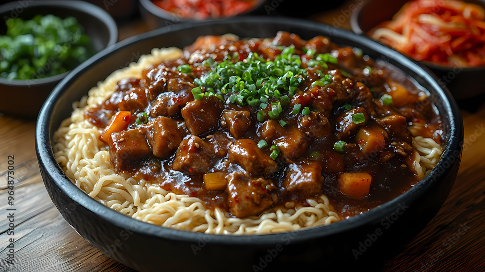 An overhead shot of Jajangmyeon, featuring a generous serving of black bean sauce over perfectly cooked noodles. The sauce is glossy and deep brown, with pieces of tender pork and vegetables. An overhead shot of Jajangmyeon, featuring a generous serving of black bean sauce over perfectly cooked noodles. The sauce is glossy and deep brown, with pieces of tender pork and vegetables.