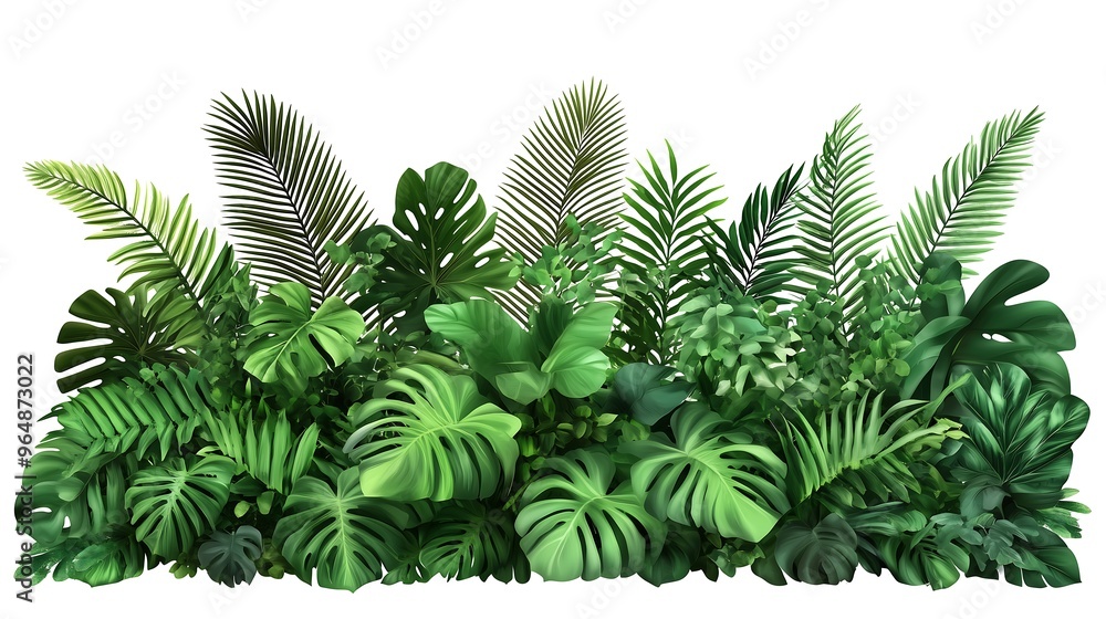 Dense collection of tropical green leaves and ferns isolated Dense collection of tropical green leaves and ferns isolated