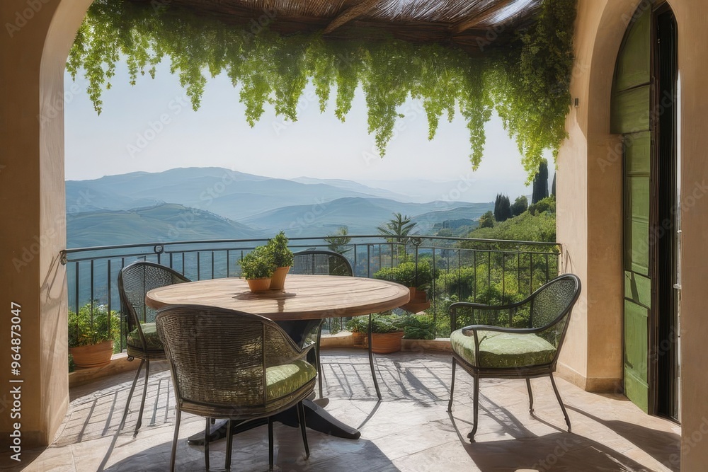 Beautiful view with tables and chairs at a open terrace cafe in italian village, Italy. Sun light