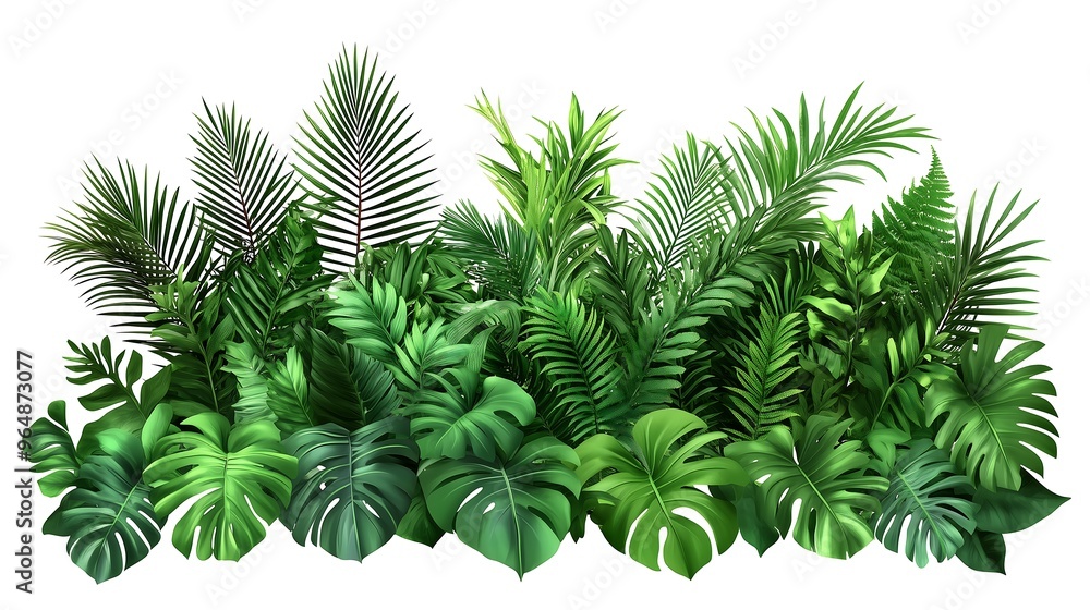 Dense collection of tropical green leaves and ferns isolated Dense collection of tropical green leaves and ferns isolated