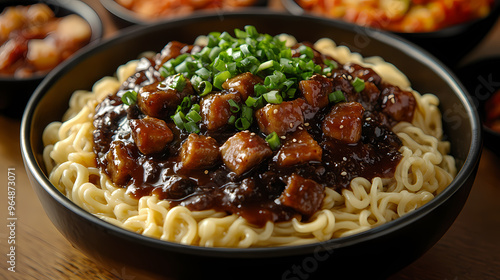 An overhead shot of Jajangmyeon, featuring a generous serving of black bean sauce over perfectly cooked noodles. The sauce is glossy and deep brown, with pieces of tender pork and vegetables. 