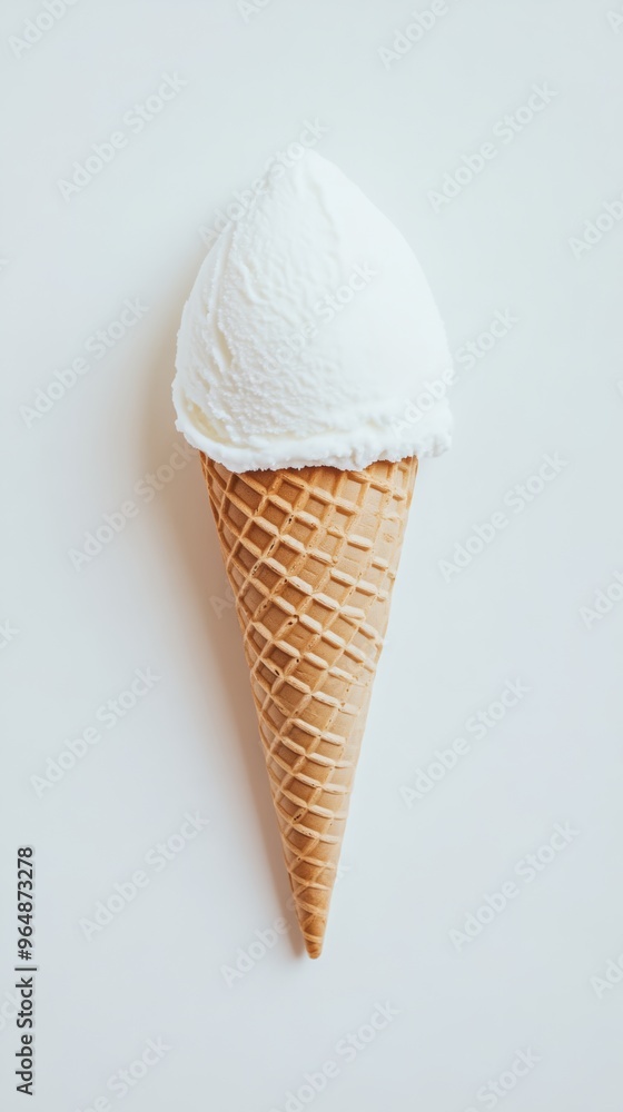 Waffle cone with vanilla ice cream on white background