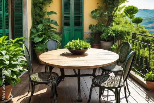 Obraz na płótnie Beautiful view with tables and chairs at a open terrace cafe in italian village, Italy. Sun light w salonie