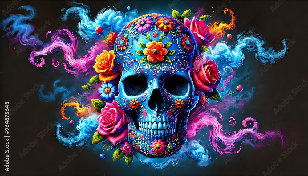 Colorful Sugar Skull with Roses Celebrating Día de los Muertos Traditions, generative ai Colorful Sugar Skull with Roses Celebrating Día de los Muertos Traditions, generative ai