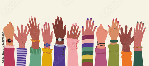 Diverse multiracial hands raised up. Team cooperation and communication. International community. Hand drawn vector vector illustration isolated on light background, modern flat cartoon style.