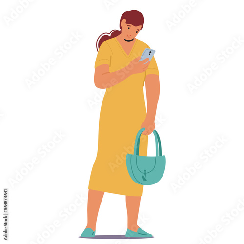 Cartoon Female Character Standing And Looking At Phone. Woman Holding Handbag And Appears To Be Engaged With Device
