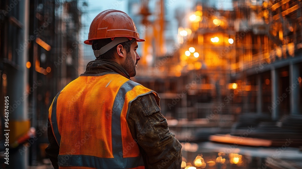Construction worker wearing a hard hat and safety vest is standing on a job site Construction worker wearing a hard hat and safety vest is standing on a job site