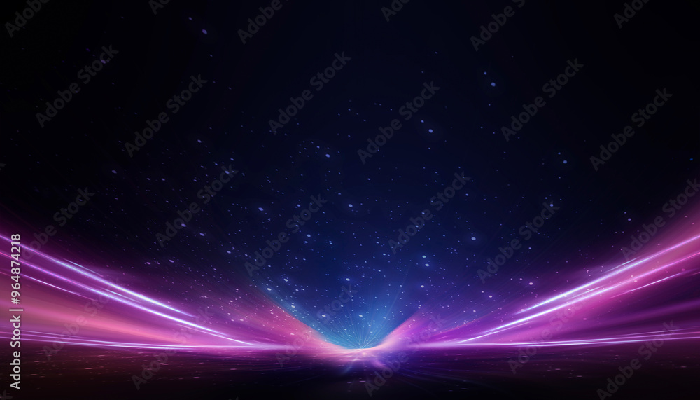 Fototapeta premium Neon empty stage lamps, pink and purple light, dark corridor, futuristic dark neon portal.